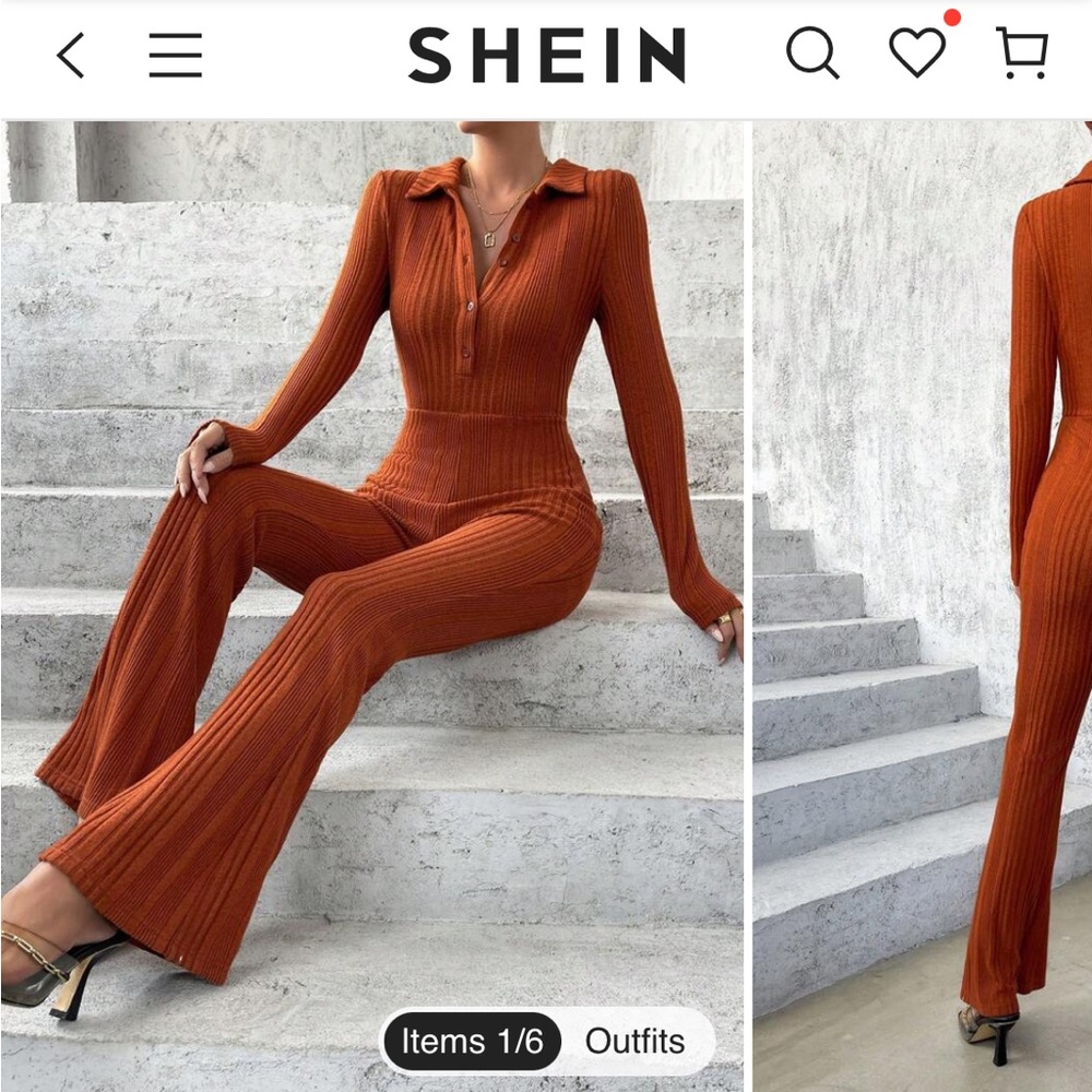 SHEIN Essnce Half Button Ribbed Knit Flare Leg Brown Short Sleeve Jumpsuit